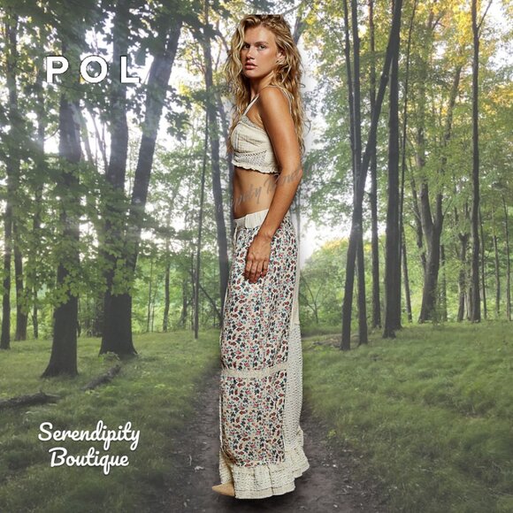 POL Bohemian Lace Ruffle Cotton Floral Patchwork Extra Baggy Wide Leg Flare Pant - Picture 5 of 7